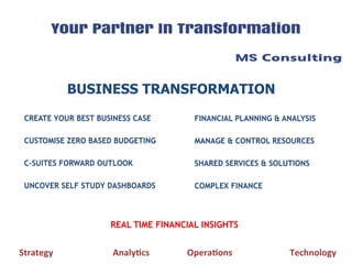 BUSINESS TRANSFORMATION
CREATE YOUR BEST BUSINESS CASE
CUSTOMISE ZERO BASED BUDGETING
C-SUITES FORWARD OUTLOOK
UNCOVER SELF STUDY DASHBOARDS
Strategy																											Analy,cs																	Opera,ons																										Technology	
REAL TIME FINANCIAL INSIGHTS
	
1	
FINANCIAL PLANNING & ANALYSIS
MANAGE & CONTROL RESOURCES
SHARED SERVICES & SOLUTIONS
COMPLEX FINANCE
 