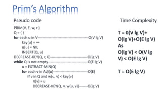 Pseudo code Time Complexity
PRIM(V, E, w, r )
Q = { }
for each u in V-----------------------------------------O(V lg V)
key[u] = ∞
π[u] = NIL
INSERT(Q, u)
DECREASE-KEY(Q, r, 0)------------------------------O(lg V)
while Q is not empty--------------------------------O(E lg V)
u = EXTRACT-MIN(Q)
for each v in Adj[u]----------------------------O(E)
if v in Q and w(u, v) < key[v]
π[v] = u
DECREASE-KEY(Q, v, w(u, v))-------O(lg V)
T = 0(V lg V)+
O(lg V)+O(E lg V)
As
O(lg V) < O(V lg
V) < O(E lg V)
T = O(E lg V)
 