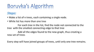 • Make a list of n trees, each containing a single node.
• While list has more than one tree
For each tree in the list, find the node not connected to the
tree with the smallest connecting edge to that tree
Add all the edges found to the new graph, thus creating a
new set of trees
Every step will have joined groups of trees, until only one tree remains.
 
