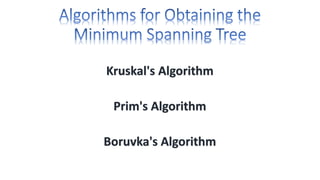 Kruskal's Algorithm
Prim's Algorithm
Boruvka's Algorithm
 