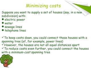 Minimizing costs
Suppose you want to supply a set of houses (say, in a new
subdivision) with:
electric power
water
sewage lines
telephone lines
To keep costs down, you could connect these houses with a
spanning tree (of, for example, power lines)
However, the houses are not all equal distances apart
To reduce costs even further, you could connect the houses
with a minimum-cost spanning tree
 