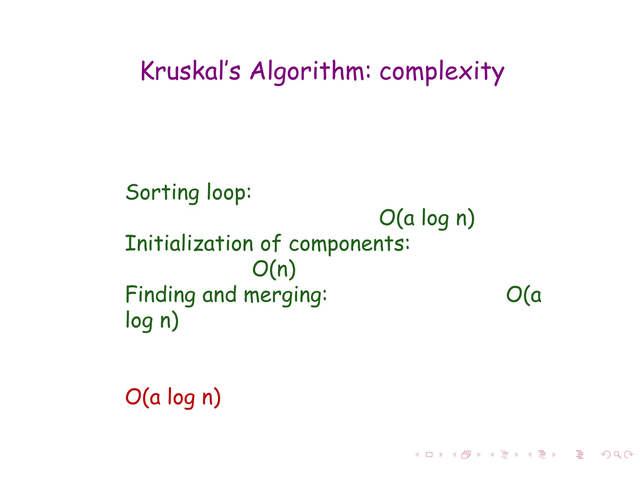 Kruskal’s Algorithm: complexity
Sorting loop:
O(a log n)
Initialization of components:
O(n)
Finding and merging: O(a
log n)
O(a log n)
 