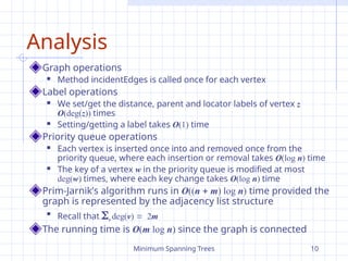 Minimum Spanning Trees 10
Analysis
Graph operations
 Method incidentEdges is called once for each vertex
Label operations
 We set/get the distance, parent and locator labels of vertex z
O(deg(z)) times
 Setting/getting a label takes O(1) time
Priority queue operations
 Each vertex is inserted once into and removed once from the
priority queue, where each insertion or removal takes O(log n) time
 The key of a vertex w in the priority queue is modified at most
deg(w) times, where each key change takes O(log n) time
Prim-Jarnik’s algorithm runs in O((n  m) log n) time provided the
graph is represented by the adjacency list structure

Recall that v deg(v) 2m
The running time is O(m log n) since the graph is connected
 