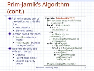 Minimum Spanning Trees 7
Prim-Jarnik’s Algorithm
(cont.)
A priority queue stores
the vertices outside the
cloud
 Key: distance
 Element: vertex
Locator-based methods
 insert(k,e) returns a
locator
 replaceKey(l,k) changes
the key of an item
We store three labels
with each vertex:
 Distance
 Parent edge in MST
 Locator in priority
queue
Algorithm PrimJarnikMST(G)
Q  new heap-based priority queue
s  a vertex of G
for all v  G.vertices()
if v s
setDistance(v, 0)
else
setDistance(v, )
setParent(v, )
l  Q.insert(getDistance(v), v)
setLocator(v,l)
while Q.isEmpty()
u  Q.removeMin()
for all e  G.incidentEdges(u)
z  G.opposite(u,e)
r  weight(e)
if r getDistance(z)
setDistance(z,r)
setParent(z,e)
Q.replaceKey(getLocator(z),r)
 