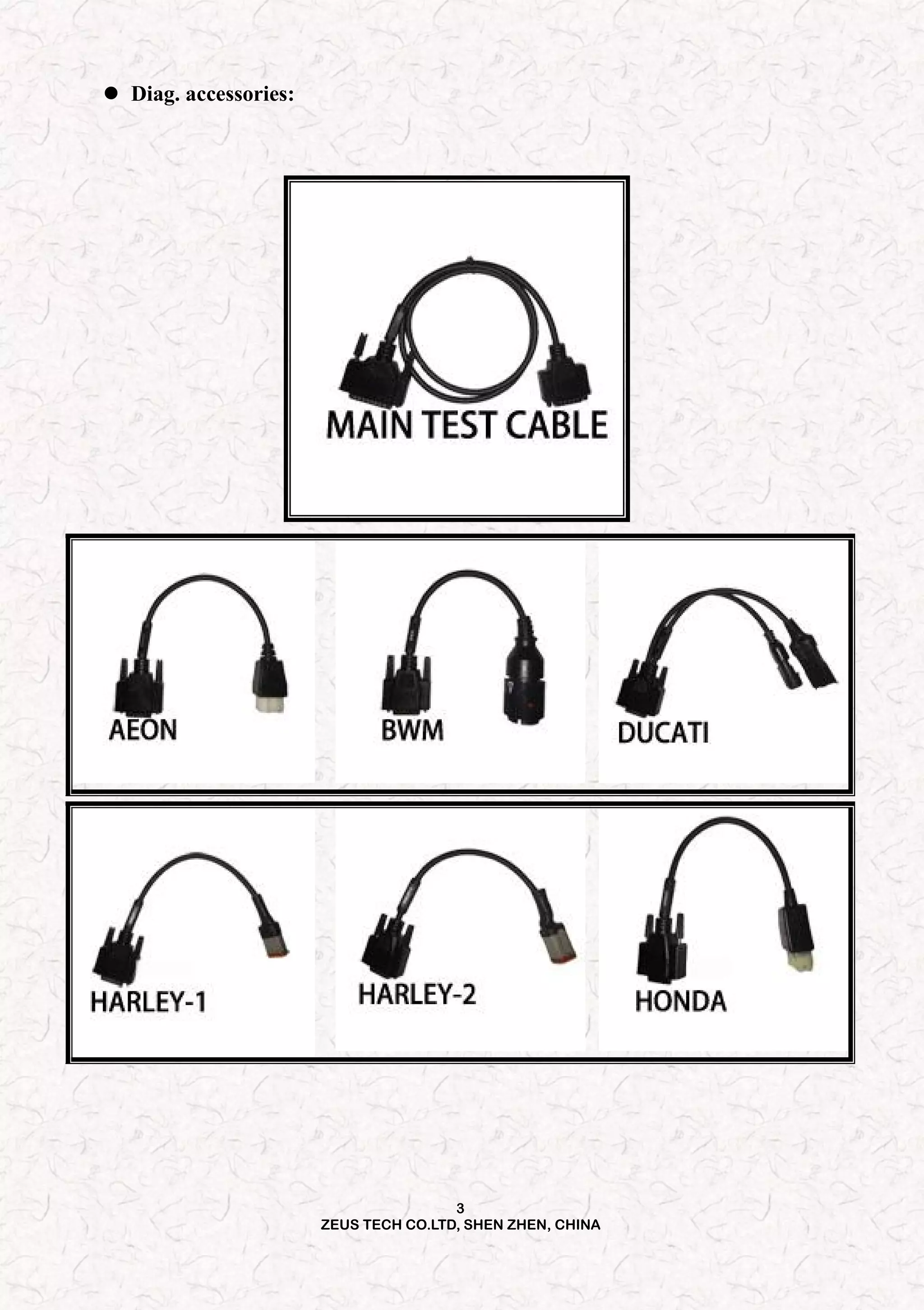 3
ZEUS TECH CO.LTD, SHEN ZHEN, CHINA
 Diag. accessories:
 
