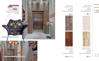 Os princípios da Arte
Moderna são claramente
expressos nas linhas e nos
relevos do Planalto. Saia
do padrão e ofereça um
contraste com móveis e objetos
artesanais, como a Poltrona
Campana.
//Poltrona campana //casa vogue
//planalto grigio //érico luiz //casa cor sc
Planalto Bege
38 x 19 x 1,8 cm
702122
Limestone
Acabamento Natural
Planalto Legno
38 x 19 x 2 cm
702123
Madeira
Acabamento Natural
Planalto Clássico
38 x 19 x 1,5 cm
702163
Mármore
Acabamento Acetinado
Planalto Grigio
38 x 19 x 1,8 cm
702124
Mármore
Acabamento Natural
//reserve
//Coleção
Arte
Moderna
//première
13
 