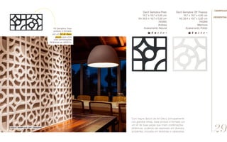 Decô Semplice Preto
19,7 x 19,7 x 0,95 cm
Kit 39,4 x 19,7 x 0,95 cm
740065
Ardósia
Acabamento Natural
Decô Semplice Off Thassos
19,7 x 19,7 x 0,95 cm
Kit 39,4 x 19,7 x 0,95 cm
740066
Mármore
Acabamento Polido
Com traços típicos da Art Déco, principalmente
nos grandes vitrais, esse produto é formado por
um kit de duas peças que criam combinações
dinâmicas, podendo ser explorado em diversos
ambientes, inclusive em divisórias e cabeceiras.
//Decô semplice off thassos
//Essential
//semplice
Kit Semplice: Esse
produto é formado
por um kit de duas
peças para você
criar combinações
dinâmicas ao utilizá-lo.
29
 