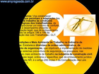 •    NR17 - Ergonomia: Visa estabelecer
     parâmetros que permitam a adaptação das
     condições de trabalho às condições
     psicofisiológicas dos trabalhadores, de
     modo a proporcionar um máximo de conforto,
     segurança e desempenho eficiente. A
     fundamentação legal, que dá embasamento
     jurídico, são os artigos 198 e 199 da
     Consolidação das Leis Trabalhistas - CLT.

    NR18 - Condições e Meio Ambiente de Trabalho na Indústria da
    Construção: Estabelece diretrizes de ordem administrativa, de
    planejamento de organização, que objetivem a implementação de medidas
    de controle e sistemas preventivos de segurança nos processos, nas
    condições e no meio ambiente de trabalho na industria da construção civil.
    A fundamentação legal, ordinária e específica, que dá embasamento jurídico
    à existência desta NR, é o artigo 200 inciso 1 da Consolidação das Leis
    Trabalhistas - CLT.

                                                                            13
 