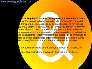 •   NR3O - Normas Regulamentadoras de Segurança e Saúde no Trabalho
    Aquaviário: Aplica-se aos trabalhadores de toda embarcação comercial
    utilizada no transporte de mercadorias ou de passageiros, na navegação
    marítima de longo curso, na cabotagem, na navegação interior, no serviço
    de reboque em alto-mar, bem como em plataformas marítimas e fluviais,
    quando em deslocamento, e embarcações de apoio marítimo e portuário. A
    observância desta Norma Regulamentadora não desobriga as empresas do
    cumprimento de outras disposições legais com relação à matéria e outras
    oriundas de convenções, acordos e contratos coletivos de trabalho.


•   NR31 Norma Regulamentadora de Segurança e Saúde no Trabalho, na
                                                                          .
    agricultura, pecuária, silvicultura, exploração florestal e aqüicultura




                                                                              20
 
