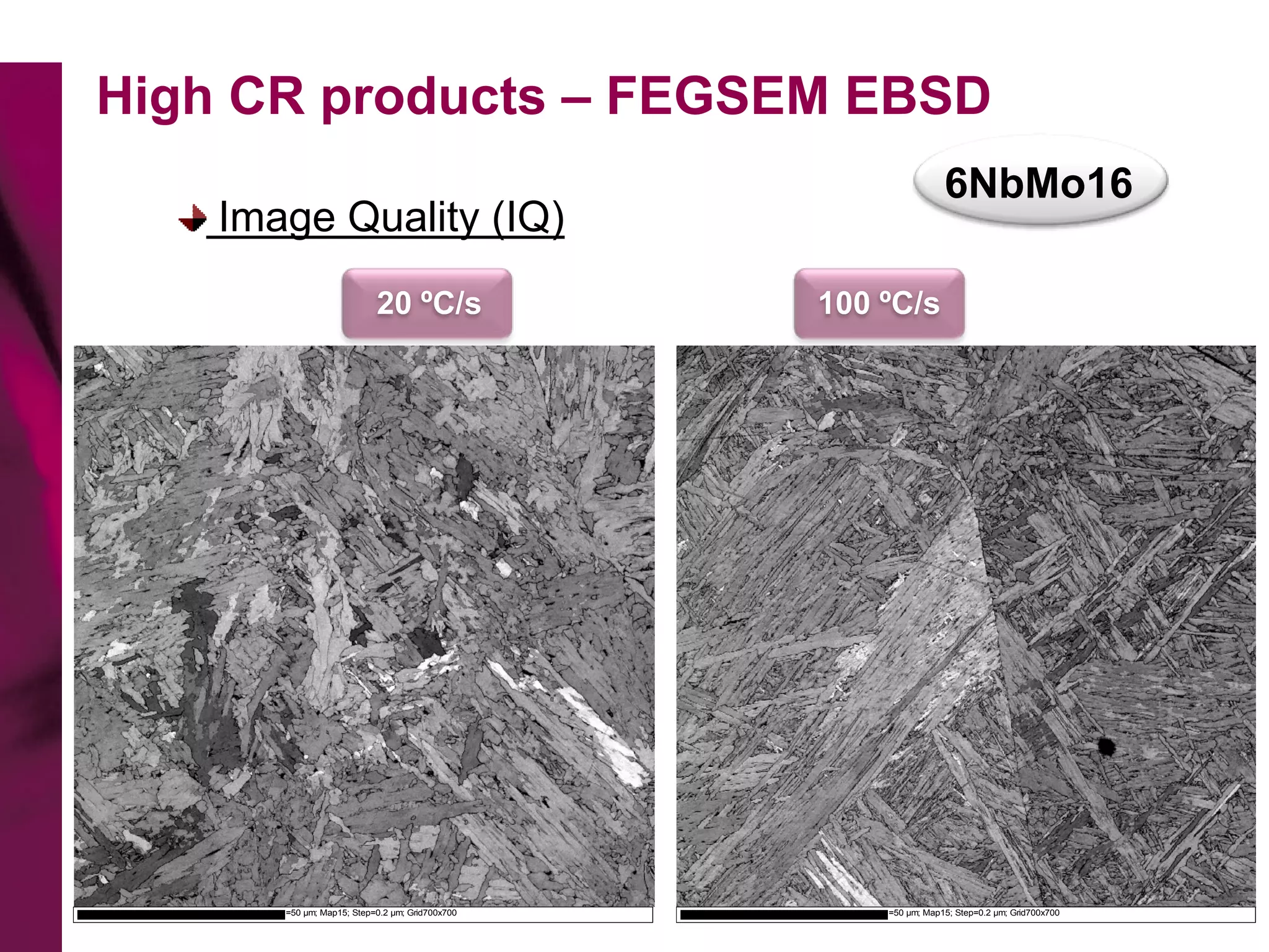 High CR products – FEGSEM EBSD
                                                                 6NbMo16
    Image Quality (IQ)
                           20 ºC/s               100 ºC/s




       =50 µm; Map15; Step=0.2 µm; Grid700x700       =50 µm; Map15; Step=0.2 µm; Grid700x700
 