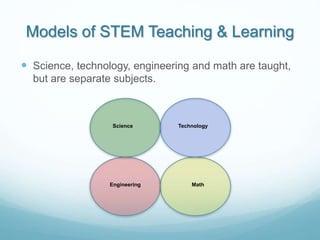 Models of STEM Teaching & Learning
 Science, technology, engineering and math are taught,
but are separate subjects.
Science
Engineering Math
Technology
 