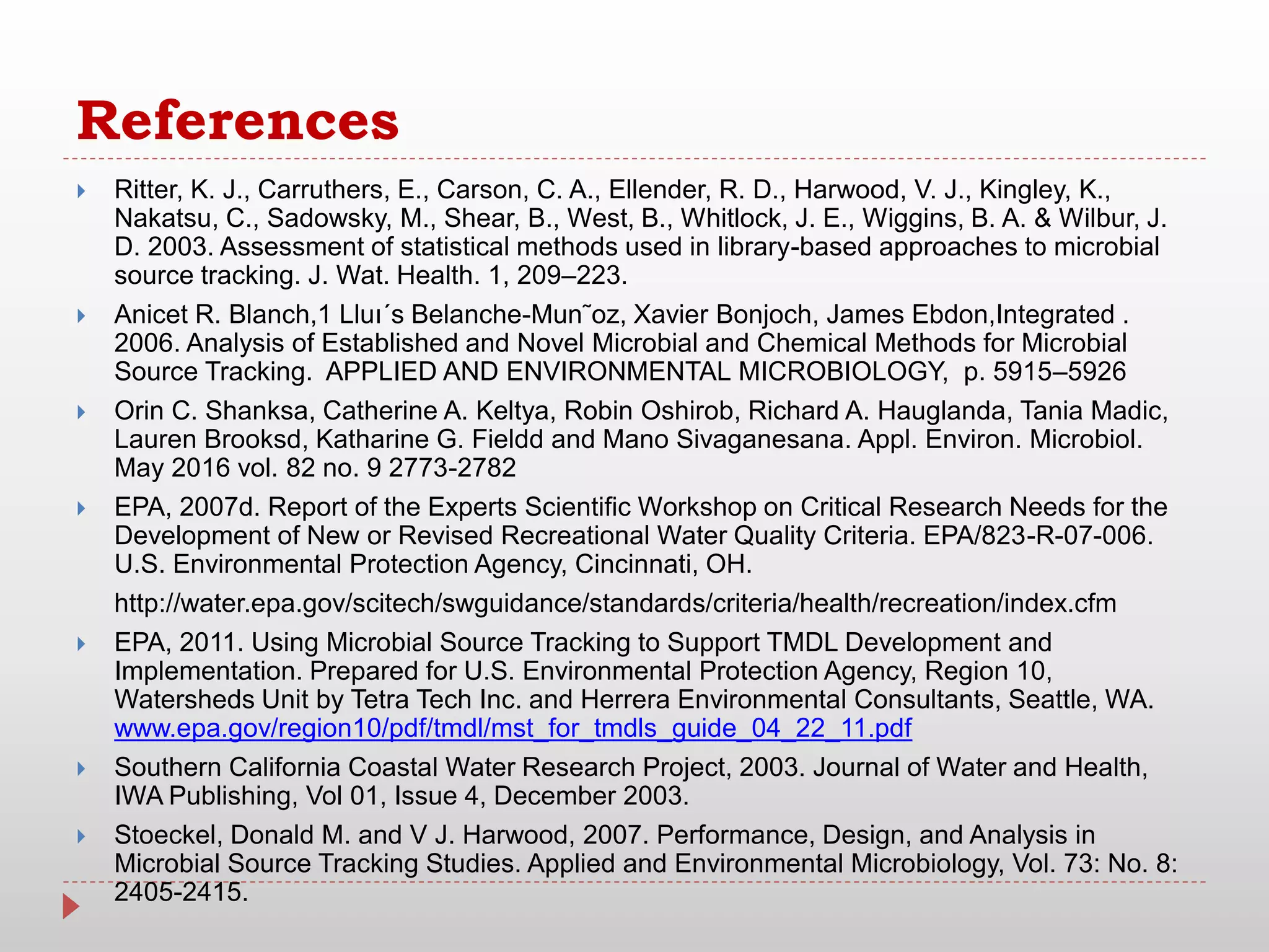 Microbial source tracking markers for detection of fecal contamination ...