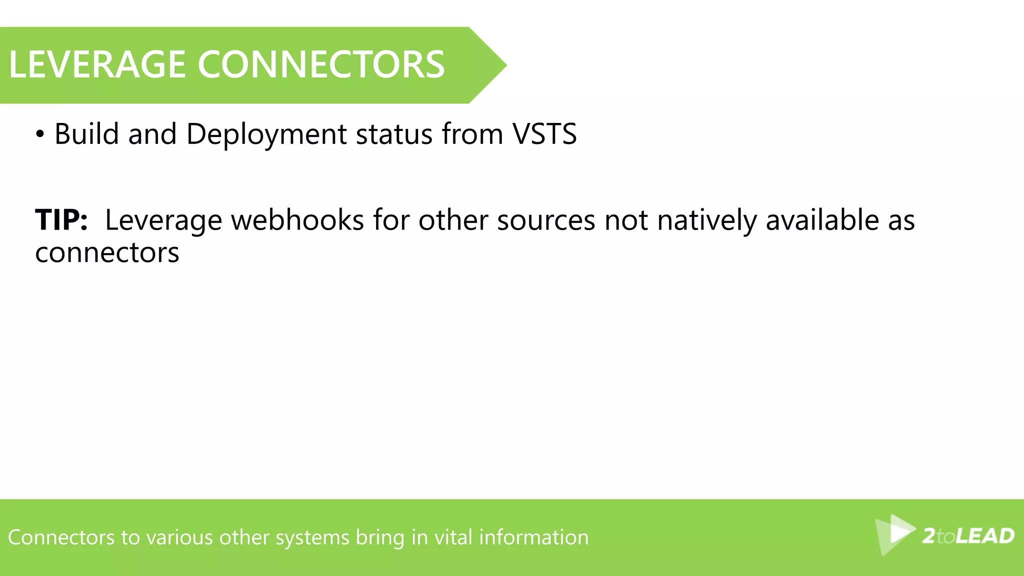 Save time for team looking for information
LEVERAGE TABS
• Create tabs with important and frequently accessed project
information
• Use SharePoint to access your project’s documents
• Use the Web Site tab when a specific app is not available for the app
you need
 