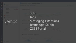 Bots
Tabs
Messaging Extensions
Teams App Studio
O365 Portal
 