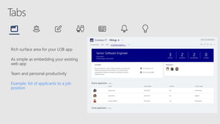 Rich surface area for your LOB app
As simple as embedding your existing
web app
Team and personal productivity
Example: list of applicants to a job
position
 