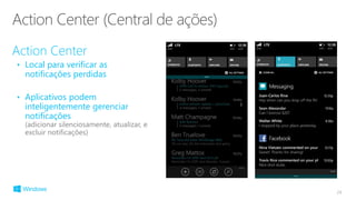 Action Center
• Local para verificar as
notificações perdidas
• Aplicativos podem
inteligentemente gerenciar
notificações
(adicionar silenciosamente, atualizar, e
excluir notificações)
24
 
