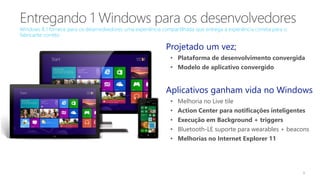 9
Windows 8.1 fornece para os desenvolvedores uma experiência compartilhada que entrega a experiência correta para o
fabricante correto
Projetado um vez;
• Plataforma de desenvolvimento convergida
• Modelo de aplicativo convergido
Aplicativos ganham vida no Windows
• Melhoria no Live tile
• Action Center para notificações inteligentes
• Execução em Background + triggers
• Bluetooth-LE suporte para wearables + beacons
• Melhorias no Internet Explorer 11
 