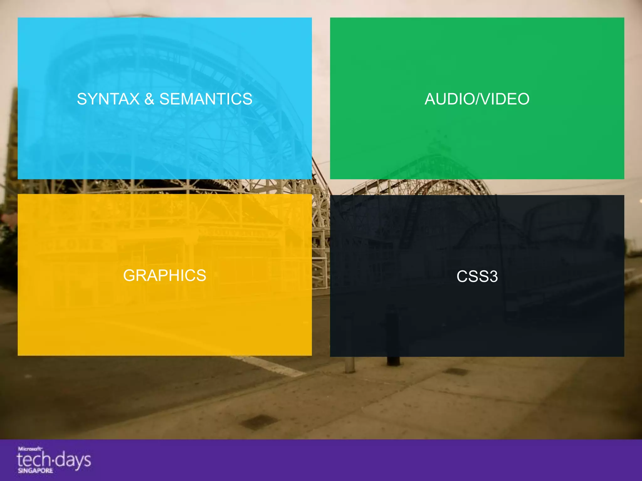 SYNTAX & SEMANTICS   AUDIO/VIDEO




    GRAPHICS            CSS3
 