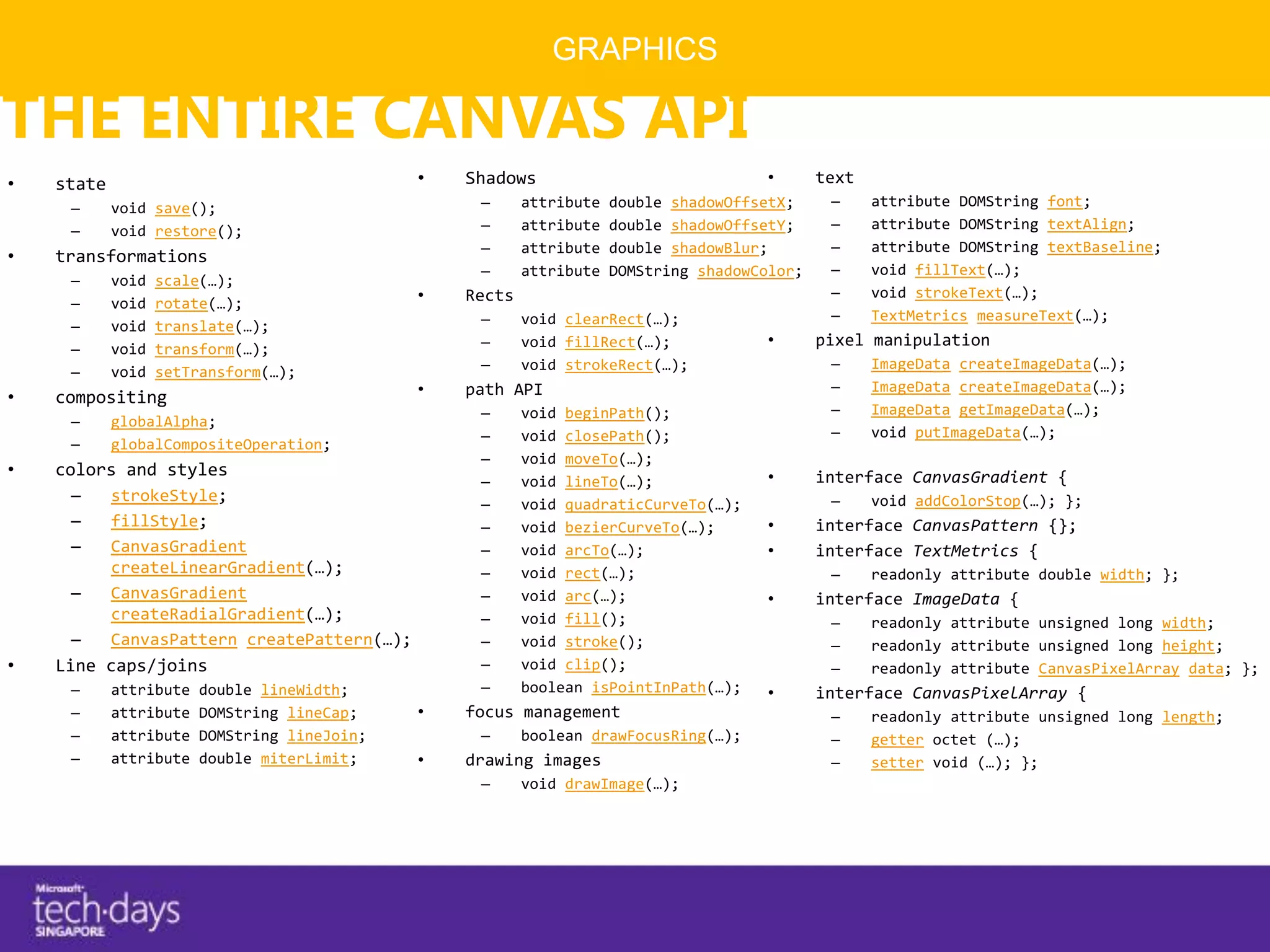 GRAPHICS

THE ENTIRE CANVAS API
•   state                                     •   Shadows                               •      text
     –      void save();                           –      attribute   double shadowOffsetX;     –     attribute DOMString font;
     –      void restore();                        –      attribute   double shadowOffsetY;     –     attribute DOMString textAlign;
                                                   –      attribute   double shadowBlur;        –     attribute DOMString textBaseline;
•   transformations
                                                   –      attribute   DOMString shadowColor;    –     void fillText(…);
     –      void   scale(…);
                                              •   Rects                                         –     void strokeText(…);
     –      void   rotate(…);
                                                   –      void clearRect(…);                    –     TextMetrics measureText(…);
     –      void   translate(…);
     –      void   transform(…);                   –      void fillRect(…);             •      pixel manipulation
                                                   –      void strokeRect(…);                   –     ImageData createImageData(…);
     –      void   setTransform(…);
                                              •   path API                                      –     ImageData createImageData(…);
•   compositing
                                                   –      void beginPath();                     –     ImageData getImageData(…);
     –      globalAlpha;
                                                   –      void closePath();                     –     void putImageData(…);
     –      globalCompositeOperation;
                                                   –      void moveTo(…);
•   colors and styles                                                                   •      interface CanvasGradient {
                                                   –      void lineTo(…);
     –      strokeStyle;                           –      void quadraticCurveTo(…);             –     void addColorStop(…); };
     –      fillStyle;                             –      void bezierCurveTo(…);        •      interface CanvasPattern {};
     –      CanvasGradient                         –      void arcTo(…);                •      interface TextMetrics {
            createLinearGradient(…);               –      void rect(…);                         –     readonly attribute double width; };
     –      CanvasGradient                         –      void arc(…);                  •      interface ImageData {
            createRadialGradient(…);               –      void fill();                          –     readonly attribute unsigned long width;
     –      CanvasPattern createPattern(…);        –      void stroke();                        –     readonly attribute unsigned long height;
•   Line caps/joins                                –      void clip();                          –     readonly attribute CanvasPixelArray data; };
     –      attribute   double lineWidth;          –      boolean isPointInPath(…);     •      interface CanvasPixelArray {
     –      attribute   DOMString lineCap;    •   focus management                              –     readonly attribute unsigned long length;
     –      attribute   DOMString lineJoin;        –      boolean drawFocusRing(…);             –     getter octet (…);
     –      attribute   double miterLimit;    •   drawing images                                –     setter void (…); };
                                                   –      void drawImage(…);
 