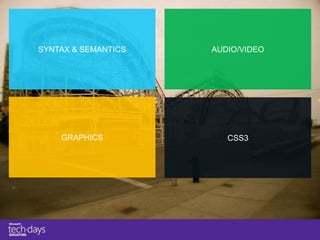SYNTAX & SEMANTICS   AUDIO/VIDEO




    GRAPHICS            CSS3
 
