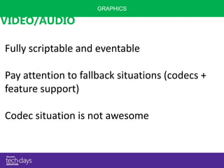 GRAPHICS

VIDEO/AUDIO

Fully scriptable and eventable

Pay attention to fallback situations (codecs +
feature support)

Codec situation is not awesome
 