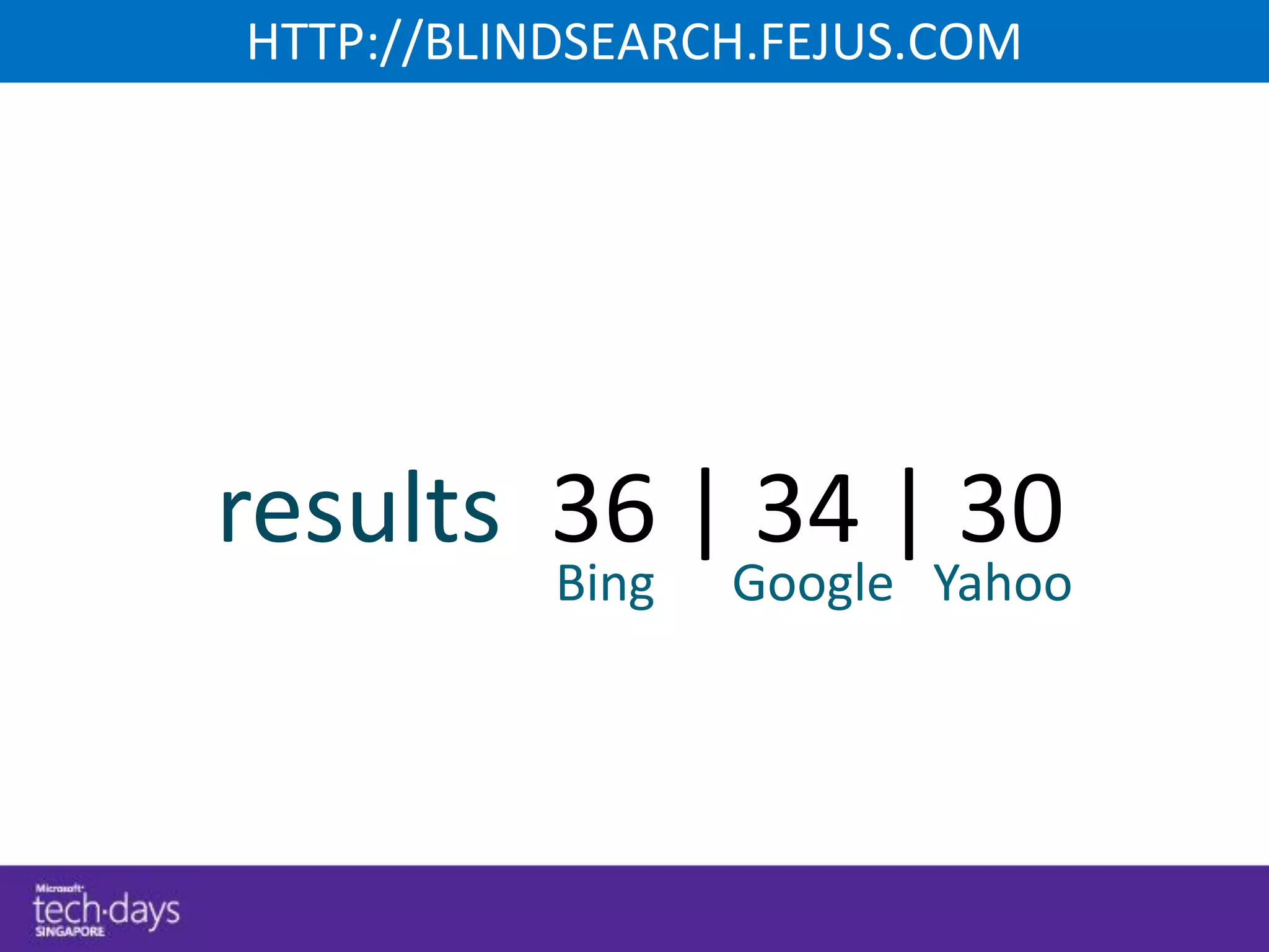 HTTP://BLINDSEARCH.FEJUS.COM




results 36 | 34 | 30
           Bing   Google Yahoo
 