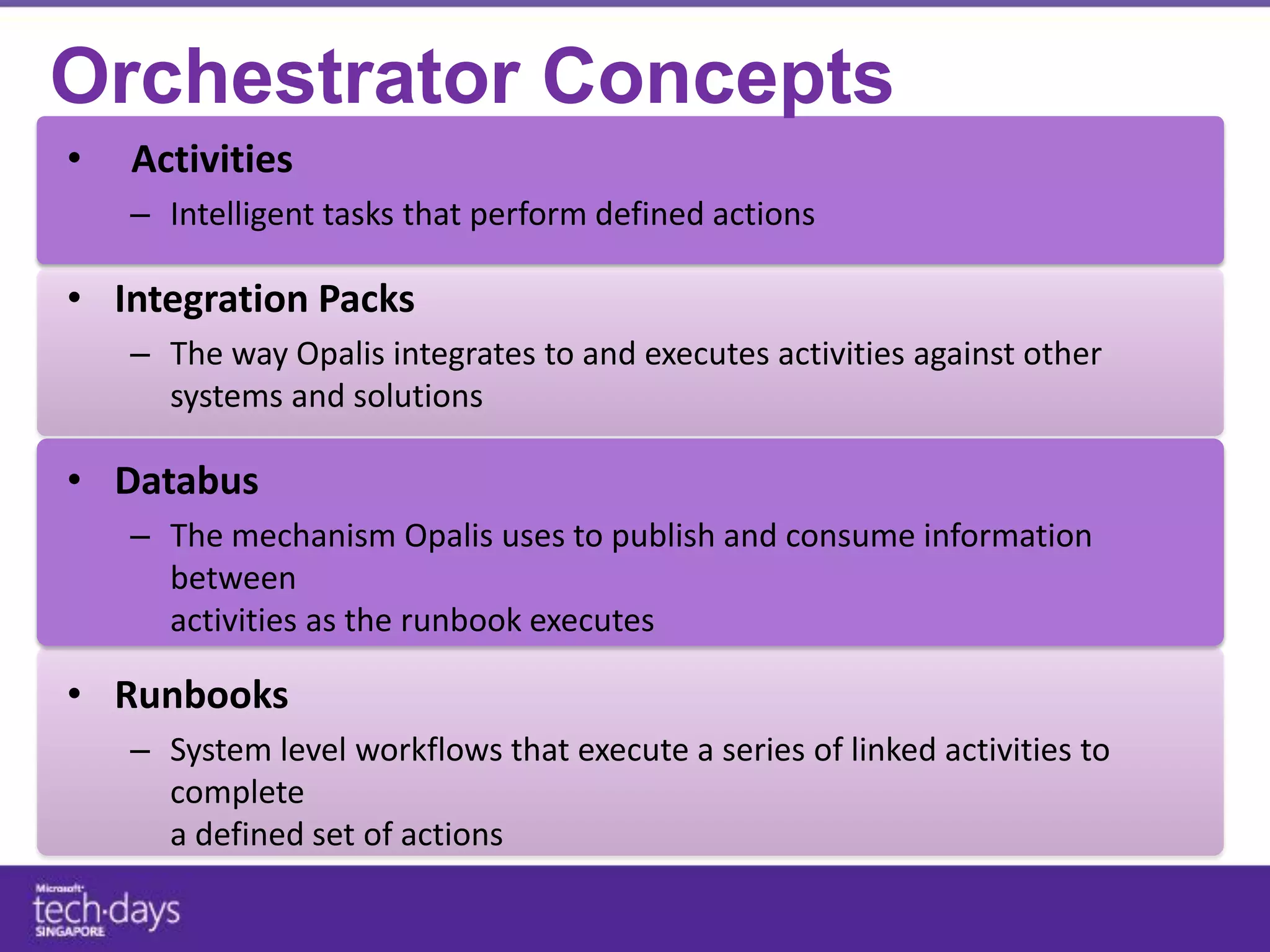 Orchestrator Concepts
•   Activities
    – Intelligent tasks that perform defined actions

• Integration Packs
    – The way Opalis integrates to and executes activities against other
      systems and solutions

• Databus
    – The mechanism Opalis uses to publish and consume information
      between
      activities as the runbook executes

• Runbooks
    – System level workflows that execute a series of linked activities to
      complete
      a defined set of actions
 