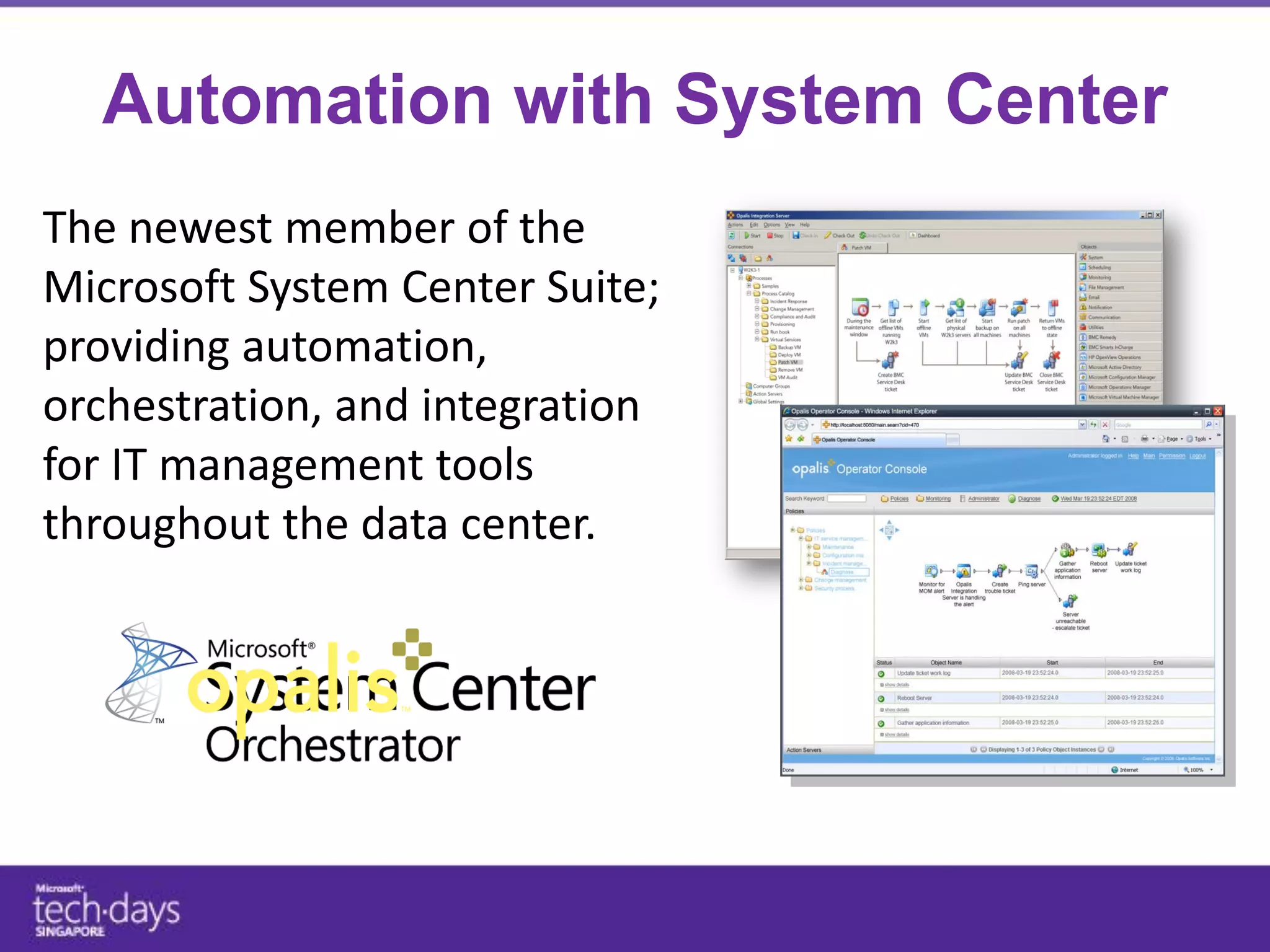 Automation with System Center
The newest member of the
Microsoft System Center Suite;
providing automation,
orchestration, and integration
for IT management tools
throughout the data center.
 