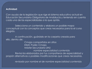 Actividad:Con ayuda de la legislación que rige el sistema educativo actual en Educación Secundaria Obligatoria de Andalucía y teniendo en cuenta cada una de las especialidades a la que optáis. Selecciona un contenido y elabora un posible mapa conceptual con la conceptos que creas necesarios para la el curso elegido. A continuación, guárdalo en la carpeta creada para ello, dentro de: Cmaps compartidos en sitios IHMC PublicCmaps Máster Secundaria UHU nombre especialidad contenido Revisa los elaborados por tus compañeros de especialidad y propón alternativas o posibles modificaciones que creas necesarias.revisado por nombre el de nombre especialidad contenido