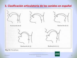 3. Clasificación articulatoria de los sonidos en español
8/4/2015 22
Universidad Nacional de Educación a
Distancia
 