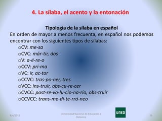 4. La sílaba, el acento y la entonación
8/4/2015 26
Tipología de la sílaba en español
En orden de mayor a menos frecuenta,...