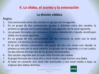 4. La sílaba, el acento y la entonación
8/4/2015 27
La división silábica
Reglas:
1. Una consonante entre dos vocales se ag...