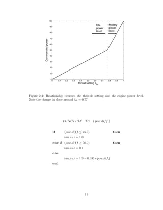0 0.1 0.2 0.3 0.4 0.5 0.6 0.7 0.8 0.9 1
0
10
20
30
40
50
60
70
80
90
100
Thrust setting δth
Commanded
power
Idle
power
level
Military
power
level
Figure 2.4: Relationship between the throttle setting and the engine power level.
Note the change in slope around δth = 0.77
FUNCTION TC ( pow diff )
if (pow diff ≤ 25.0) then
tau aux = 1.0
else if (pow diff ≥ 50.0) then
tau aux = 0.1
else
tau aux = 1.9 − 0.036 ∗ pow diff
end
11
 