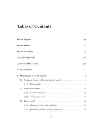 Table of Contents
List of Figures vi
List of Tables ix
List of Notations x
Acknowledgements xii
Abstract of the Thesis xiii
1 Introduction 1
2 Modeling of an F-16 aircraft 4
2.1 Nonlinear 6 degree-of-freedom aircraft model . . . . . . . . . . . . . . 4
2.1.1 Engine model . . . . . . . . . . . . . . . . . . . . . . . . . . . 8
2.2 Longitudinal model . . . . . . . . . . . . . . . . . . . . . . . . . . . . 13
2.2.1 Aircraft description . . . . . . . . . . . . . . . . . . . . . . . . 14
2.2.2 Aerodynamic data . . . . . . . . . . . . . . . . . . . . . . . . 15
2.3 Linear model . . . . . . . . . . . . . . . . . . . . . . . . . . . . . . . 16
2.3.1 Obtention of an initial condition . . . . . . . . . . . . . . . . . 16
2.3.2 Linearizing around the initial condition . . . . . . . . . . . . . 18
iii
 