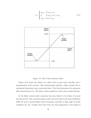 u =







umax if umax ≤ y
y if umin ≤ y < umax
umin if y ≤ umin
(4.1)
Figure 4.1: Plot of the saturation effect
Figure (4.2) shows the scheme of a plant with an open loop controller and a
representation of the actuator. This representation includes a delay (usually due to
mechanical limitations) and a saturation block. This block introduces the saturation
effects described in (4.1). The delay is often modeled as a first order transfer function.
In the flight control world, saturation has been linked to the failure of several
aircrafts [4],[13]. Also, saturation plays a main role in the pilot in-the-loop oscillations
(PIO) [2] and in manual flight control situations, specially in high angle of attack
conditions [4], [15]. Usually, there have been two main approaches to the design of
46
 