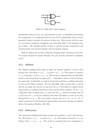 Figure 3.3: Half adder circuit diagram


intermediate values of j(XA , XB ) and therefore no over- or underﬂow occurs during
the computation. It is emphasized that the size of D is independent of any security
parameter chosen to protect the privacy of data sets. Thus circuits with the same
(or even lower) asymptotic complexity may noticeably diﬀer in the absolute num-
ber of gates. The absolute number of gates is relevant because computation and
communication costs increase linearly with the number of gates.

    Table 3.1 depicts for the three arithmetic building blocks a function on the num-
ber of gates required for inputs of length l bit, g(l), and the asymptotic complexity
of g(l).


3.2.1      Addition

The addition building block takes as input two positive numbers, a and b, both
having l bits. We denote a = al−1 . . . a0 and b = bl−1 . . . b0 . The output is a number
o = a+b, having l +1 bits, o = ol . . . o0 . The circuit is composed from one half-adder
which is constructed from two gates and l − 1 full-adders which is constructed from
ﬁve gates each. A half adder is a logical circuit that performs an addition operation
on two one-bit binary numbers. The one half-adder takes as input bits a0 and b0
and has as output the sum bit o0 and carry bit c0 . A full adder is a logical circuit
that performs an addition operation on three one-bit binary numbers. For 0 < i ≤ l
a full-adder takes as inputs bits ai , bi and carry bit ci−1 and has as output sum bit
oi and carry bit ci . It can be combined with other full adders or work on its own.
The ﬁnal bit ol is cl−1 . The total number of gates then is 2 + (l − 1) ∗ 5 = 5l − 3
which is proved to be the theoretical optimal lower bound for carrying out addition
of two l-bit numbers (Redkin, 1981 [22]).


3.2.2      Subtraction

The subtraction building block takes as input two numbers, a and b, both having l
bits. We denote a = al−1 . . . a0 and b = bl−1 . . . b0 . The output is a number o = a+b,
having l bits, o = ol−1 . . . o0 . The circuit is composed from one complement or


                                           16
 
