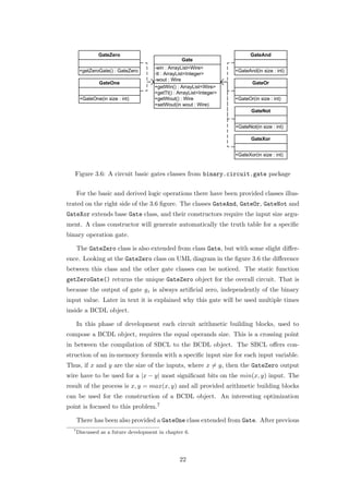 Figure 3.6: A circuit basic gates classes from binary.circuit.gate package


      For the basic and derived logic operations there have been provided classes illus-
trated on the right side of the 3.6 ﬁgure. The classes GateAnd, GateOr, GateNot and
GateXor extends base Gate class, and their constructors require the input size argu-
ment. A class constructor will generate automatically the truth table for a speciﬁc
binary operation gate.

      The GateZero class is also extended from class Gate, but with some slight diﬀer-
ence. Looking at the GateZero class on UML diagram in the ﬁgure 3.6 the diﬀerence
between this class and the other gate classes can be noticed. The static function
getZeroGate() returns the unique GateZero object for the overall circuit. That is
because the output of gate gz is always artiﬁcial zero, independently of the binary
input value. Later in text it is explained why this gate will be used multiple times
inside a BCDL object.

      In this phase of development each circuit arithmetic building blocks, used to
compose a BCDL object, requires the equal operands size. This is a crossing point
in between the compilation of SBCL to the BCDL object. The SBCL oﬀers con-
struction of an in-memory formula with a speciﬁc input size for each input variable.
Thus, if x and y are the size of the inputs, where x = y, then the GateZero output
wire have to be used for a |x − y| most signiﬁcant bits on the min(x, y) input. The
result of the process is x, y = max(x, y) and all provided arithmetic building blocks
can be used for the construction of a BCDL object. An interesting optimization
point is focused to this problem.7

      There has been also provided a GateOne class extended from Gate. After previous
  7
      Discussed as a future development in chapter 6.




                                                22
 