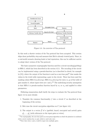 Figure 4.4: An overview of Yao protocol.


In this work a shorter version of the Yao protocol has been accepted. This version
skips cheat probability step and assumes that Bob is already trusted party. Since, in
a real-world scenario cheating leads to bad reputation, this can be suﬃcient motive
to adopt short version of the Yao protocol.

       The basic symmetric cryptographic function used for a circuit encoding(garbling)
is SHA-1, which has been described in the section 4.2.1. The encoding of the circuit
can be implemented using a pseudo-function (as is described in detail, for example
in [15]), where the output of the function is used as a one-time pad21 that masks the
values in the truth table representing a gate in the circuit. There has been used the
masking values SHA-1(wi ||k||x||y), SHA-1(wj ||k||x||y) for entry (x, y) of the table of
gate number k, whose input wires are i and j.22 The underlying security assumption
is that SHA-1 is pseudo-random function keyed by wi or wj and applied to other
parameters.

       Following enumeration shall clarify the steps to evaluate the Yao protocol from
ﬁgure 4.4 in more details:

   1. Translate the common functionality f into a circuit C as described at the
         beginning of the section.

   2. Bob runs the circuit encryption algorithm on C (see ﬁgure 4.4).

   3. The output is a vector g of n (garbled, keyed, encrypted and sorted) gates
         g1 , . . . , gn (with references to the input gates or wires).
  21
       In cryptography, the one-time pad is an encryption algorithm in which the plaintext is combined
with a secret random key or pad, which is used only once.
  22
     Note that wires i and j could be input into multiple gates.


                                                   48
 
