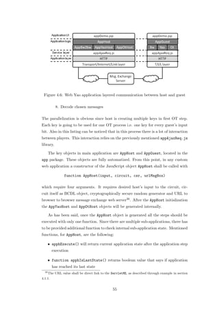 Figure 4.6: Web Yao application layered communication between host and guest

            8. Decode chosen messages

The parallelization is obvious since host is creating multiple keys in ﬁrst OT step.
Each key is going to be used for one OT process i.e. one key for every guest’s input
bit. Also in this listing can be noticed that in this process there is a lot of interaction
between players. This interaction relies on the previously mentioned appAjaxReq.js
library.

       The key objects in main application are AppHost and AppGuest, located in the
app package. These objects are fully automatized. From this point, in any custom
web application a constructor of the JavaScript object AppHost shall be called with

                 function AppHost(input, circuit, csr, urlMsgBox)

which require four arguments. It requires desired host’s input to the circuit, cir-
cuit itself as BCDL object, cryptographically secure random generator and URL to
browser to browser message exchange web server26 . After the AppHost initialization
the AppYaoHost and AppOtHost objects will be generated internally.

       As has been said, once the AppHost object is generated all the steps should be
executed with only one function. Since there are multiple sub-applications, there has
to be provided additional function to check internal sub-application state. Mentioned
functions, for AppHost, are the following:

       • apphExecute() will return current application state after the application step
         execution

       • function apphIsLastState() returns boolean value that says if application
         has reached its last state
  26
       The URL value shall be direct link to the ServletME, as described through example in section
4.1.1.


                                                 55
 