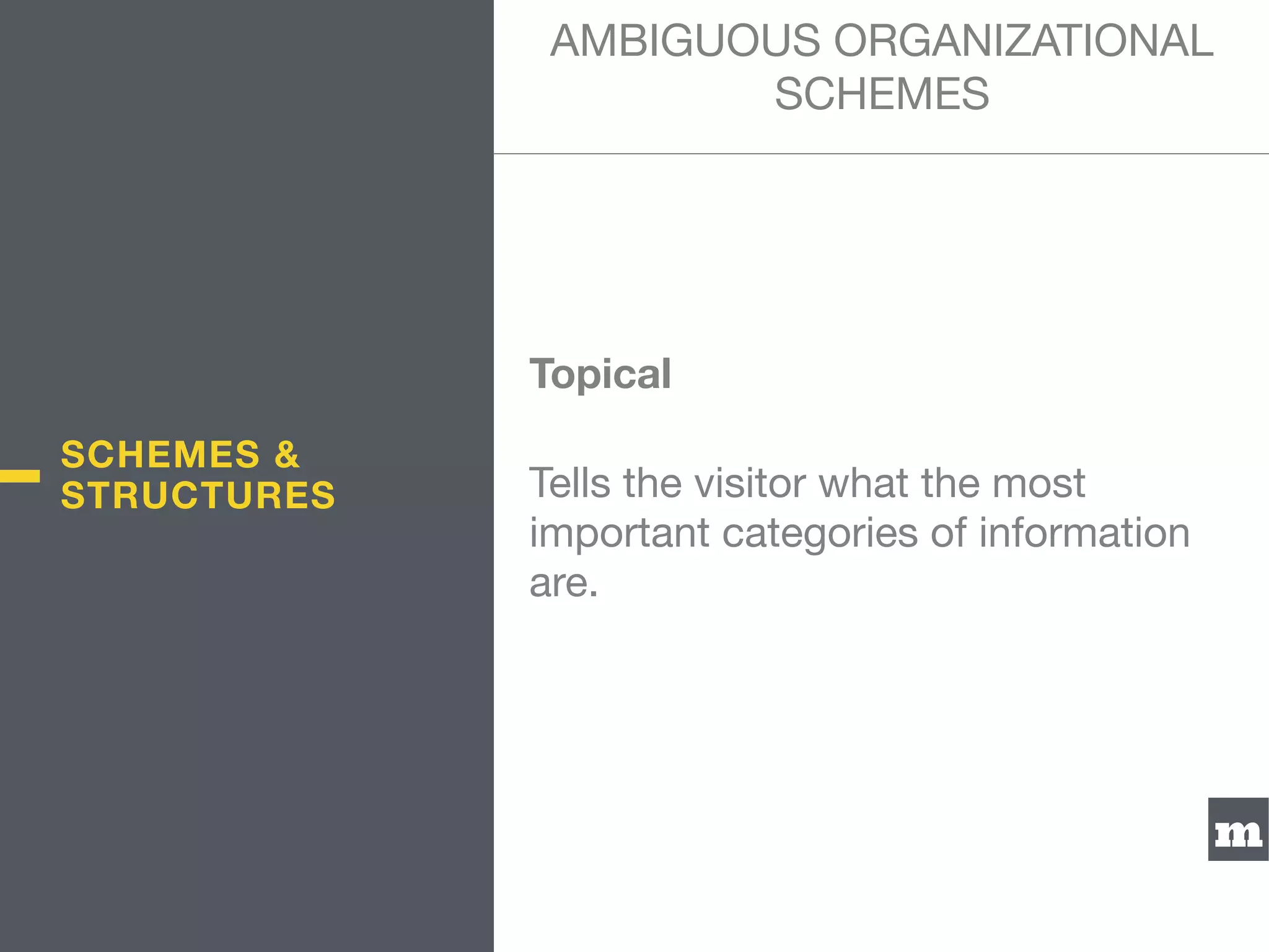 m
Topical
Tells the visitor what the most
important categories of information
are.
AMBIGUOUS ORGANIZATIONAL
SCHEMES
SCHEMES &
STRUCTURES
 