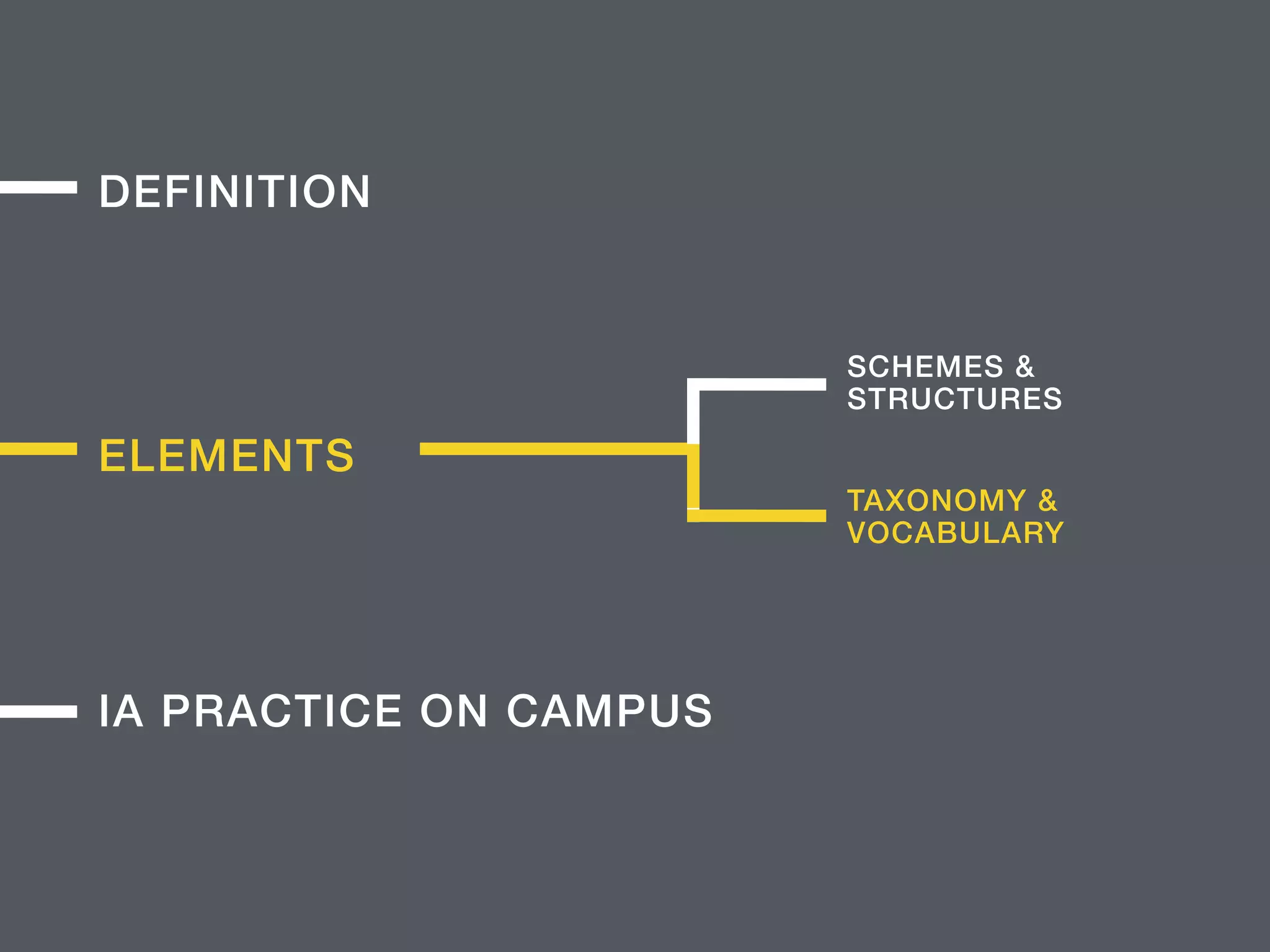 ELEMENTS
IA PRACTICE ON CAMPUS
DEFINITION
SCHEMES &  
STRUCTURES
TAXONOMY &
VOCABULARY
 