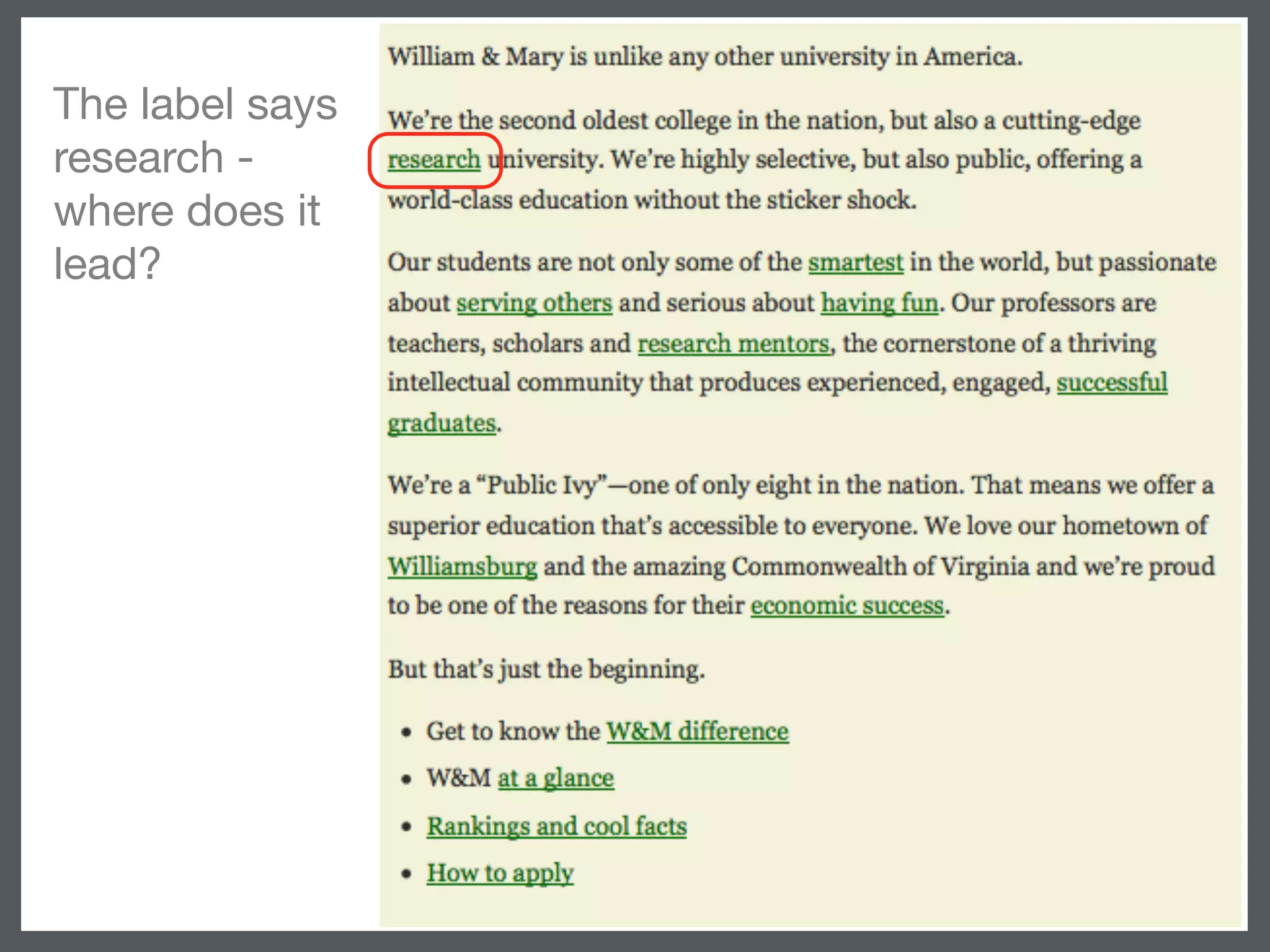 The label says
research -
where does it
lead?
 