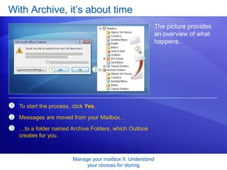 Manage your mailbox II: Understand your choices for storingPersonal Folders give you maximum controlIn contrast to Archive, you do a bit more work when you use the Personal Folders method.You’ll be the one to create the folders and put messages there.  You move messages by dragging them, by using menu commands, or by creating your own rules. The advantage? Because you do the moving, you can organize your messages however you like. 