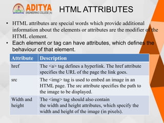 HTML ATTRIBUTES
• HTML attributes are special words which provide additional
information about the elements or attributes are the modifier of the
HTML element.
• Each element or tag can have attributes, which defines the
behaviour of that element.
Attribute Description
href The <a> tag defines a hyperlink. The href attribute
specifies the URL of the page the link goes.
src The <img> tag is used to embed an image in an
HTML page. The src attribute specifies the path to
the image to be displayed.
Width and
height
The <img> tag should also contain
the width and height attributes, which specify the
width and height of the image (in pixels).
 