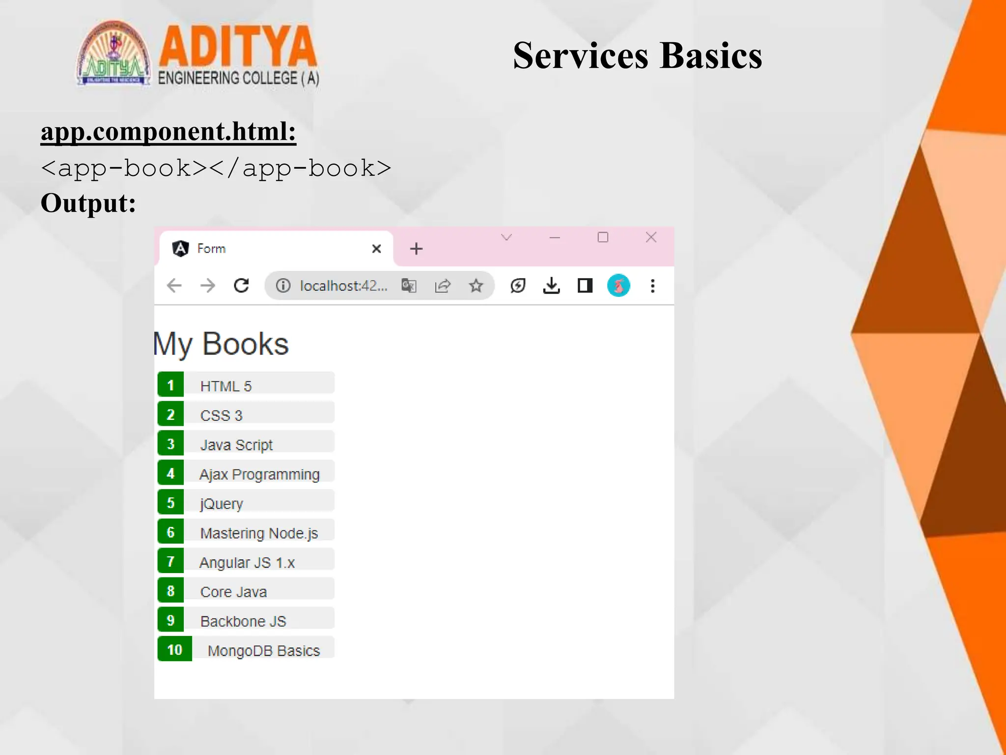 Services Basics
app.component.html:
<app-book></app-book>
Output:
 