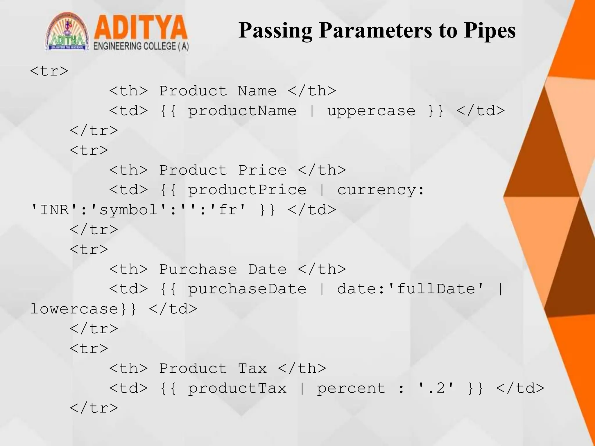 Passing Parameters to Pipes
<tr>
<th> Product Name </th>
<td> {{ productName | uppercase }} </td>
</tr>
<tr>
<th> Product Price </th>
<td> {{ productPrice | currency:
'INR':'symbol':'':'fr' }} </td>
</tr>
<tr>
<th> Purchase Date </th>
<td> {{ purchaseDate | date:'fullDate' |
lowercase}} </td>
</tr>
<tr>
<th> Product Tax </th>
<td> {{ productTax | percent : '.2' }} </td>
</tr>
 
