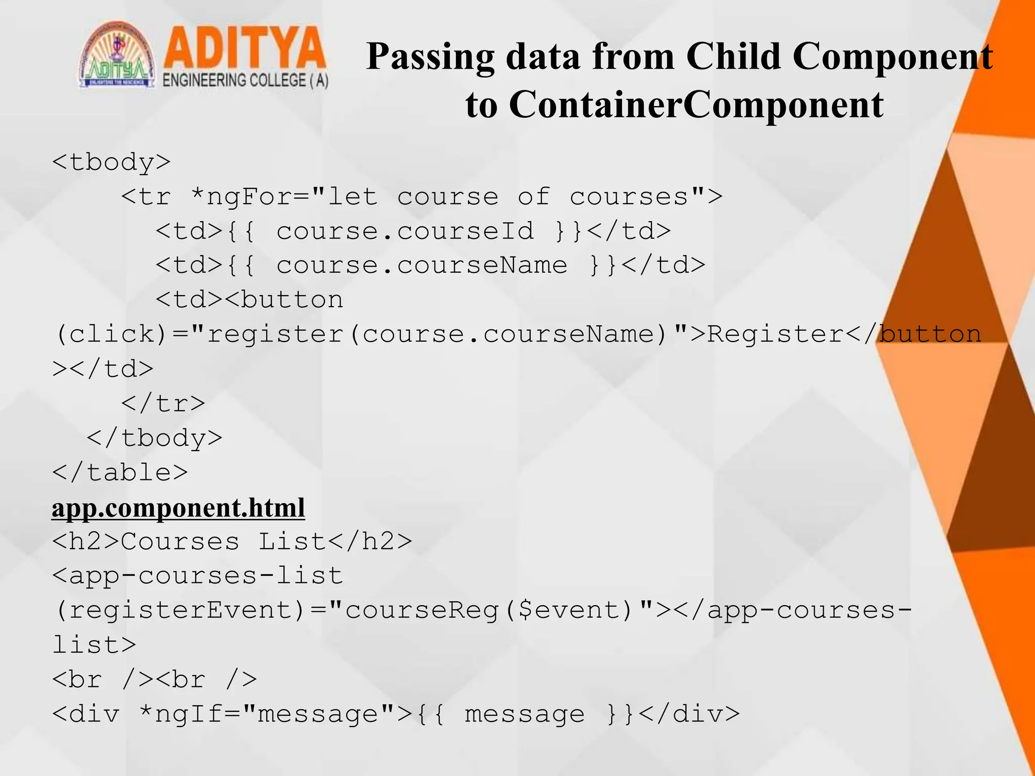 Passing data from Child Component
to ContainerComponent
<tbody>
<tr *ngFor="let course of courses">
<td>{{ course.courseId }}</td>
<td>{{ course.courseName }}</td>
<td><button
(click)="register(course.courseName)">Register</button
></td>
</tr>
</tbody>
</table>
app.component.html
<h2>Courses List</h2>
<app-courses-list
(registerEvent)="courseReg($event)"></app-courses-
list>
<br /><br />
<div *ngIf="message">{{ message }}</div>
 