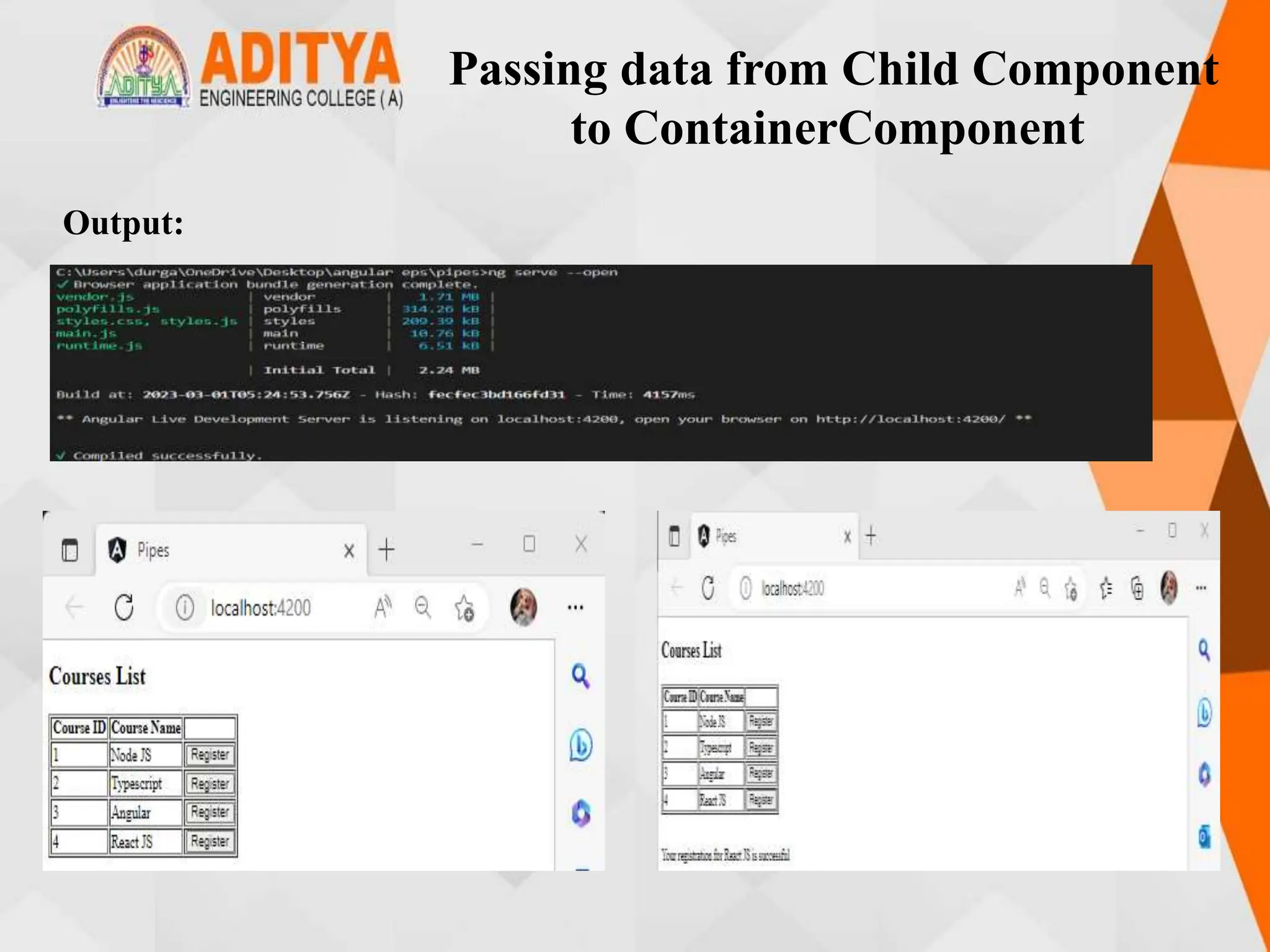 Passing data from Child Component
to ContainerComponent
Output:
 