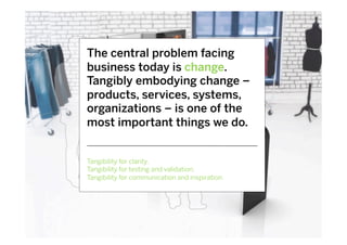 The central problem facing
business today is change.
Tangibly embodying change –
products, services, systems,
organizations – is one of the
most important things we do.


Tangibility for clarity.
Tangibility for testing and validation.
Tangibility for communication and inspiration.
 