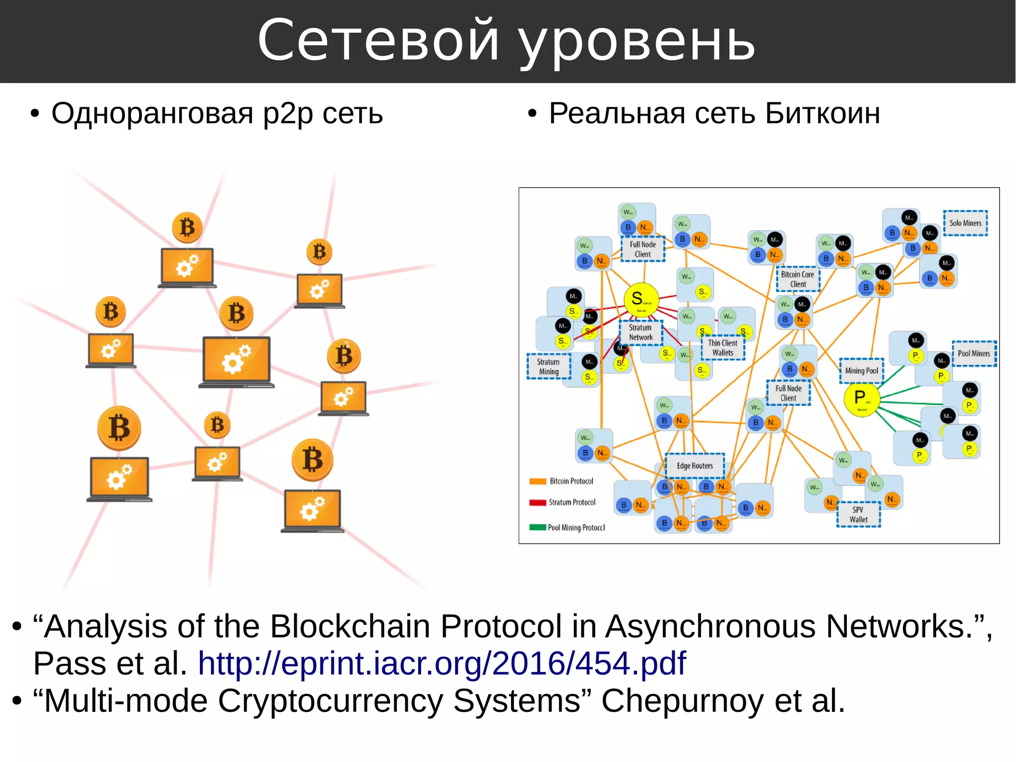 ● Одноранговая p2p сеть ● Реальная сеть Биткоин
● “Analysis of the Blockchain Protocol in Asynchronous Networks.”,
Pass et al. http://eprint.iacr.org/2016/454.pdf
● “Multi-mode Cryptocurrency Systems” Chepurnoy et al.
Сетевой уровень
 